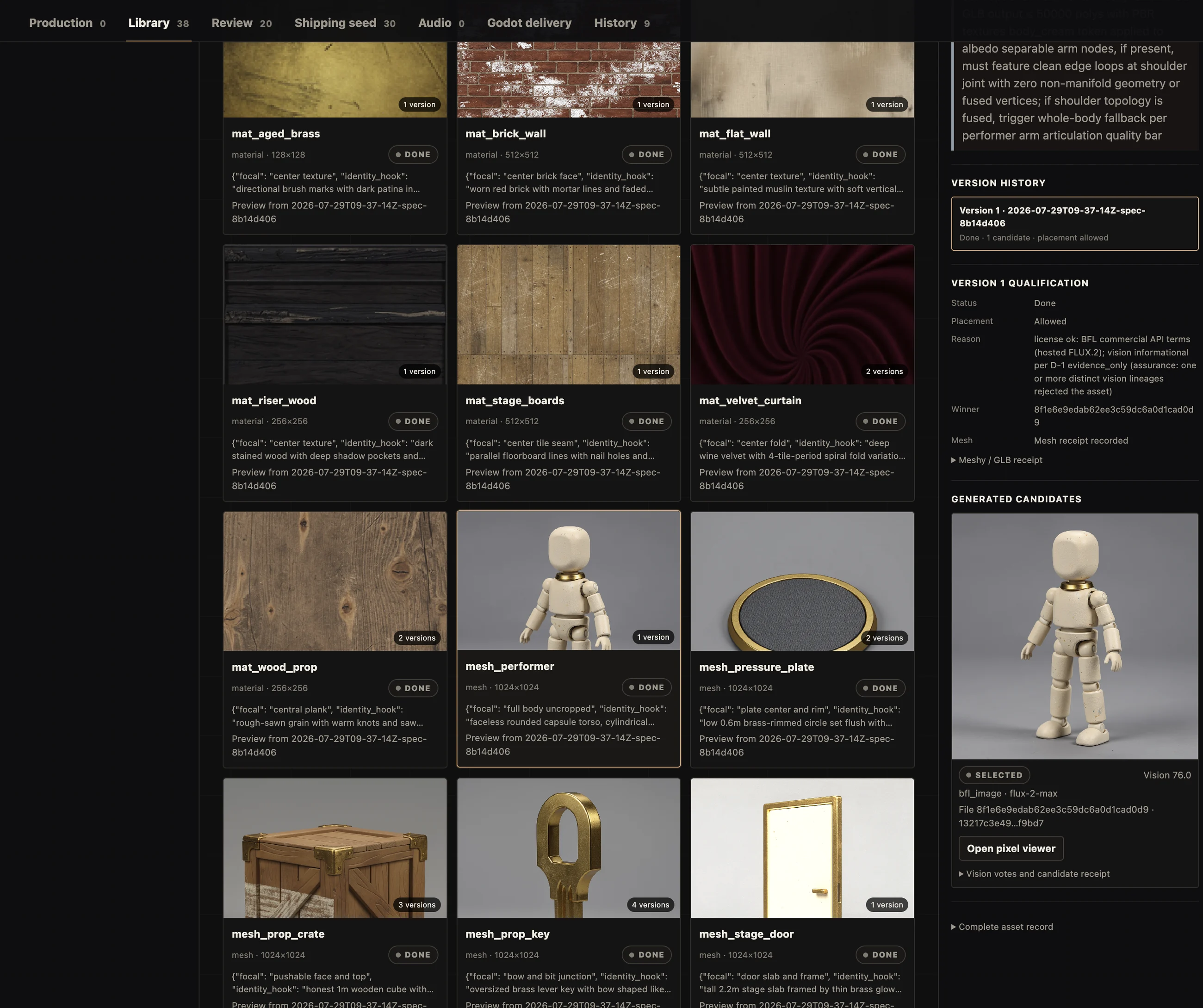 Asset Studio library: materials and meshes with version history, qualification status, and license reasoning