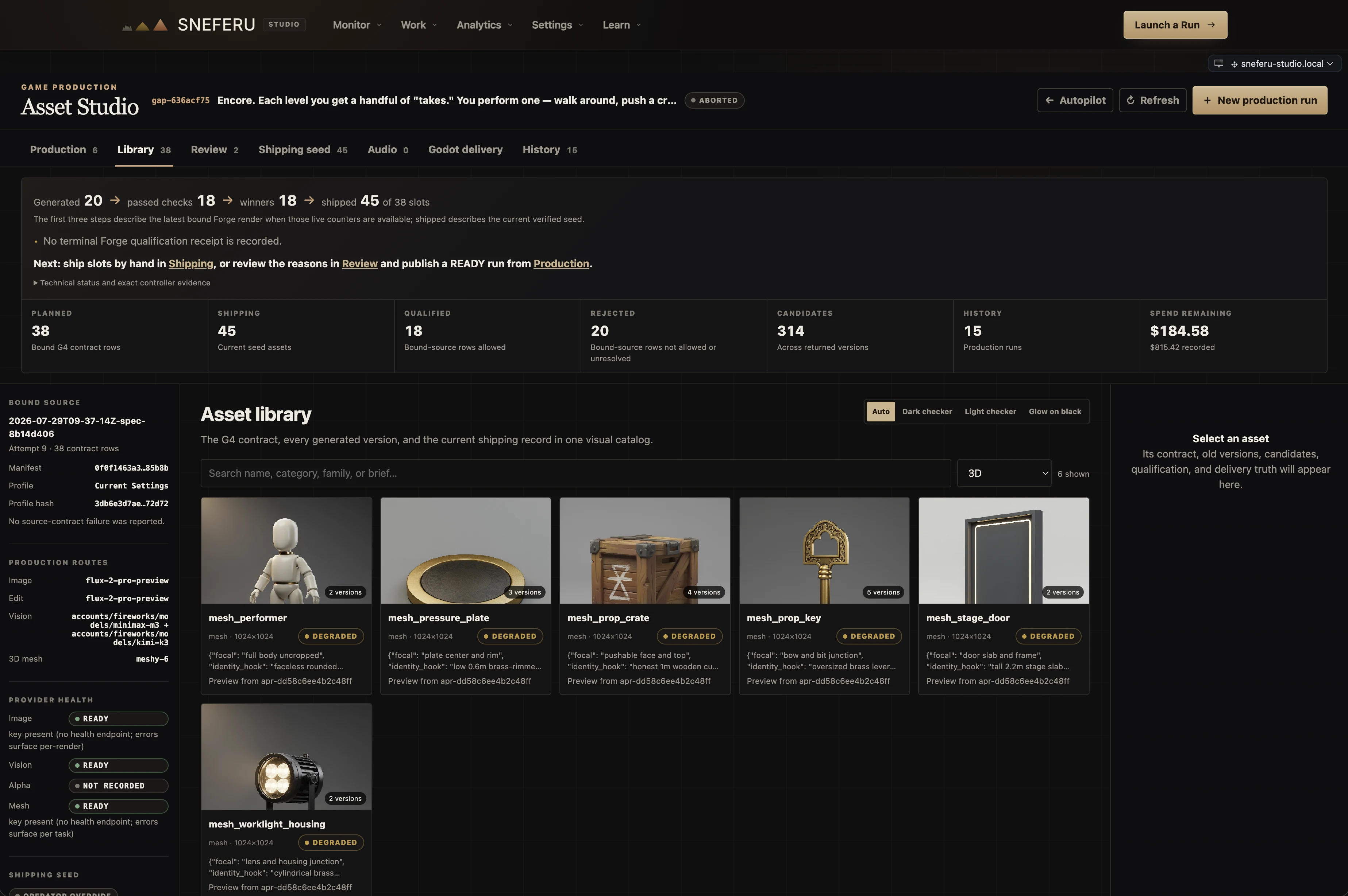 Asset Studio Library showing the current 3D inventory, qualification state, shipping totals, provider health, and remaining budget