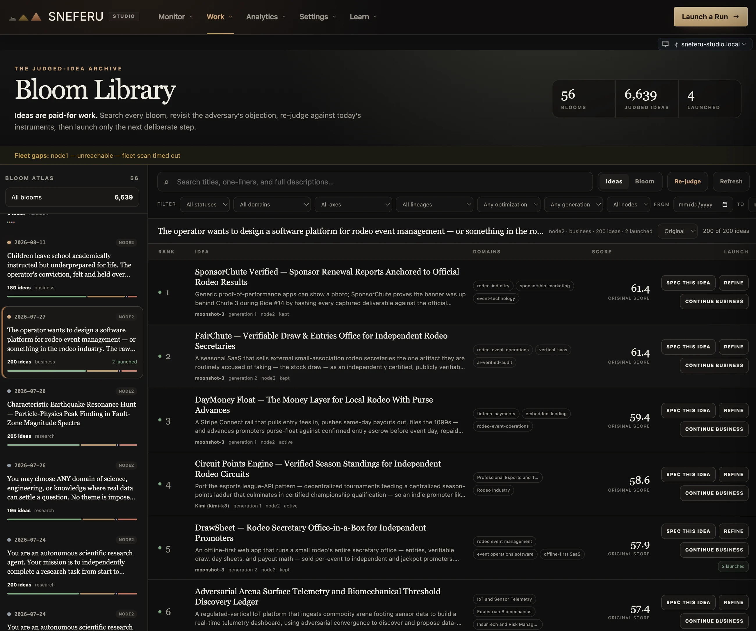 The Bloom Library: 6,639 judged ideas across 56 blooms, with scores, lineage, and launch history, with DrawSheet visible in the ranked list