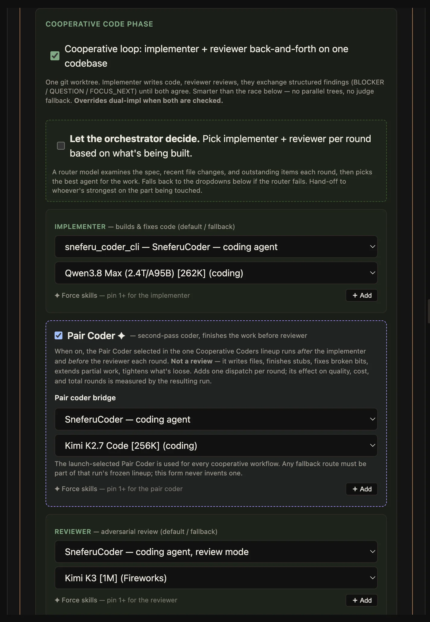 Coder Setup showing the cooperative code phase, automatic routing, and model selection for the implementer, pair coder, and reviewer