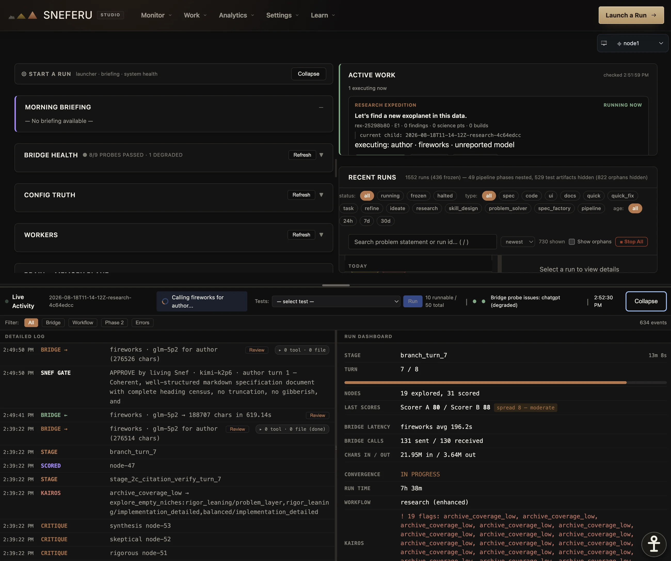 The Sneferu console, live: a research run executing, its event log, scores, and the searchable run archive