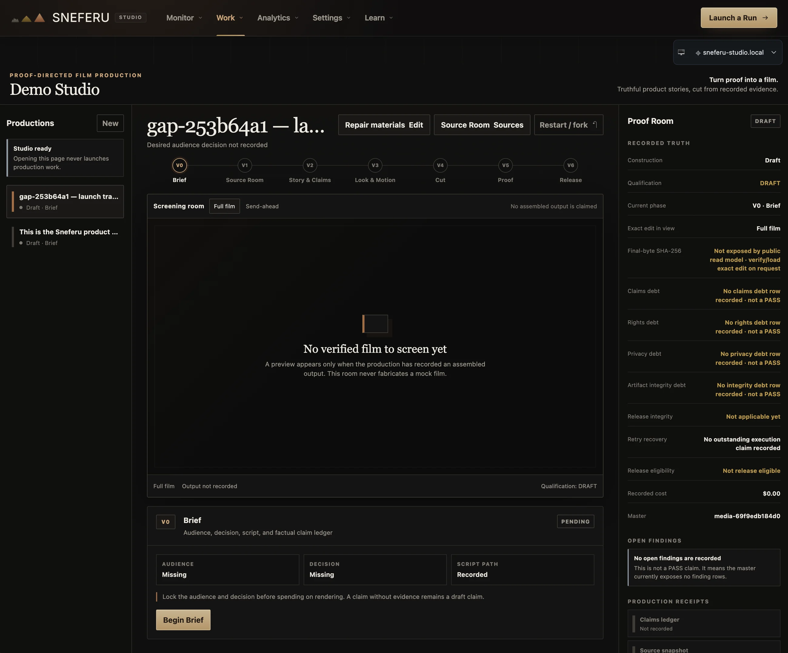 Demo Studio: proof-directed film production; the screening room refuses to fabricate a preview; claims, rights, and privacy each carry a debt column