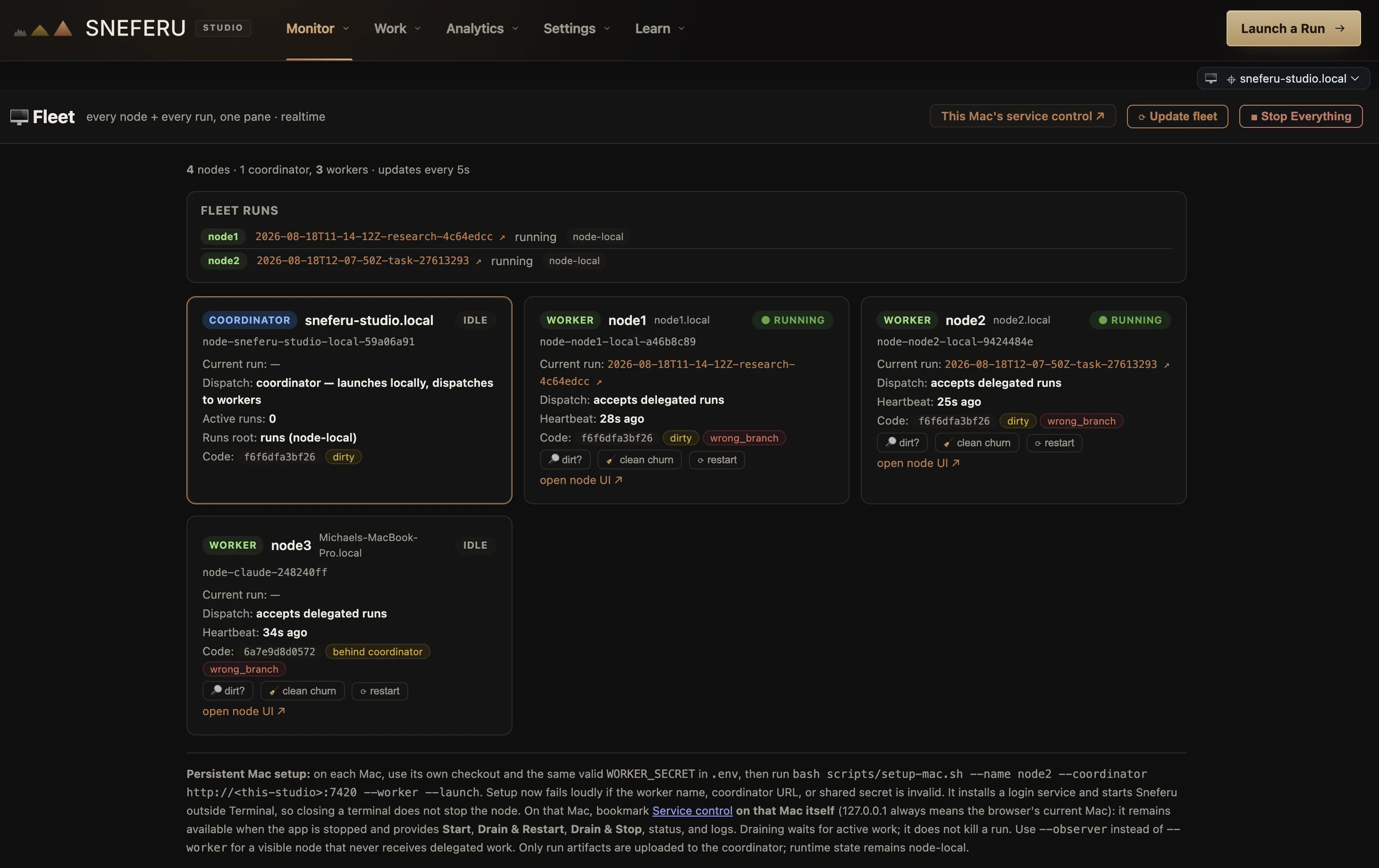The fleet page: coordinator plus three worker nodes with live runs, heartbeats, and code state
