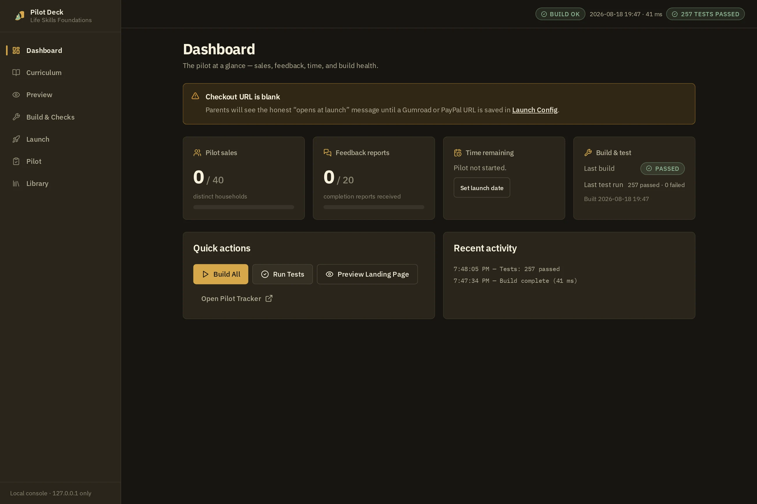 Pilot Deck, the seller's console: build OK in 41 milliseconds, 257 tests passed, zero failed