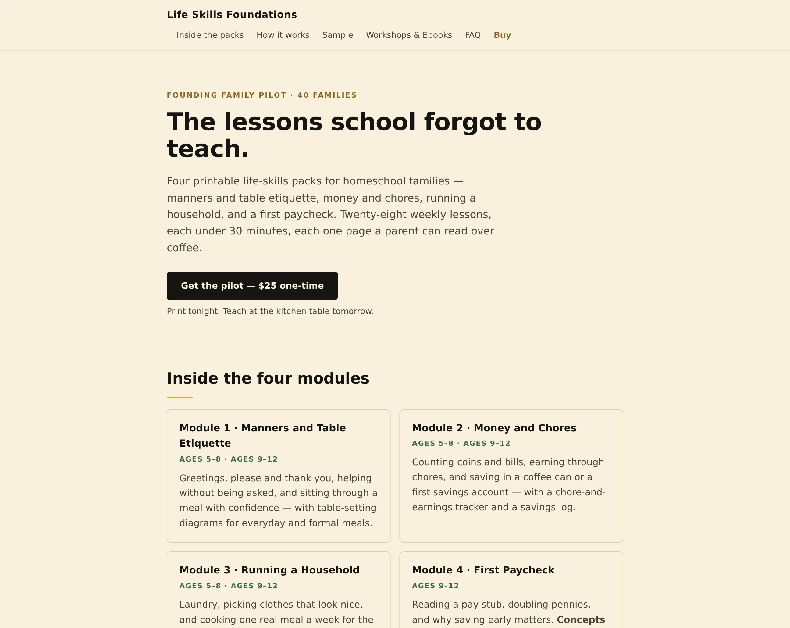 Life Skills Foundations storefront: four printable modules, twenty-eight weekly lessons, twenty-five dollars one time