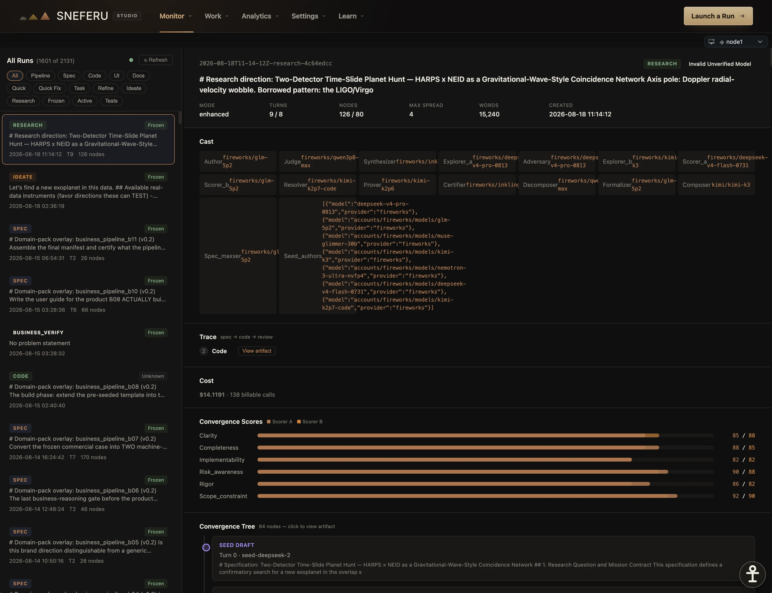 The Pipelines page: one job end to end: every model in every seat, both scorers' marks, the cost, and the full tree of drafts