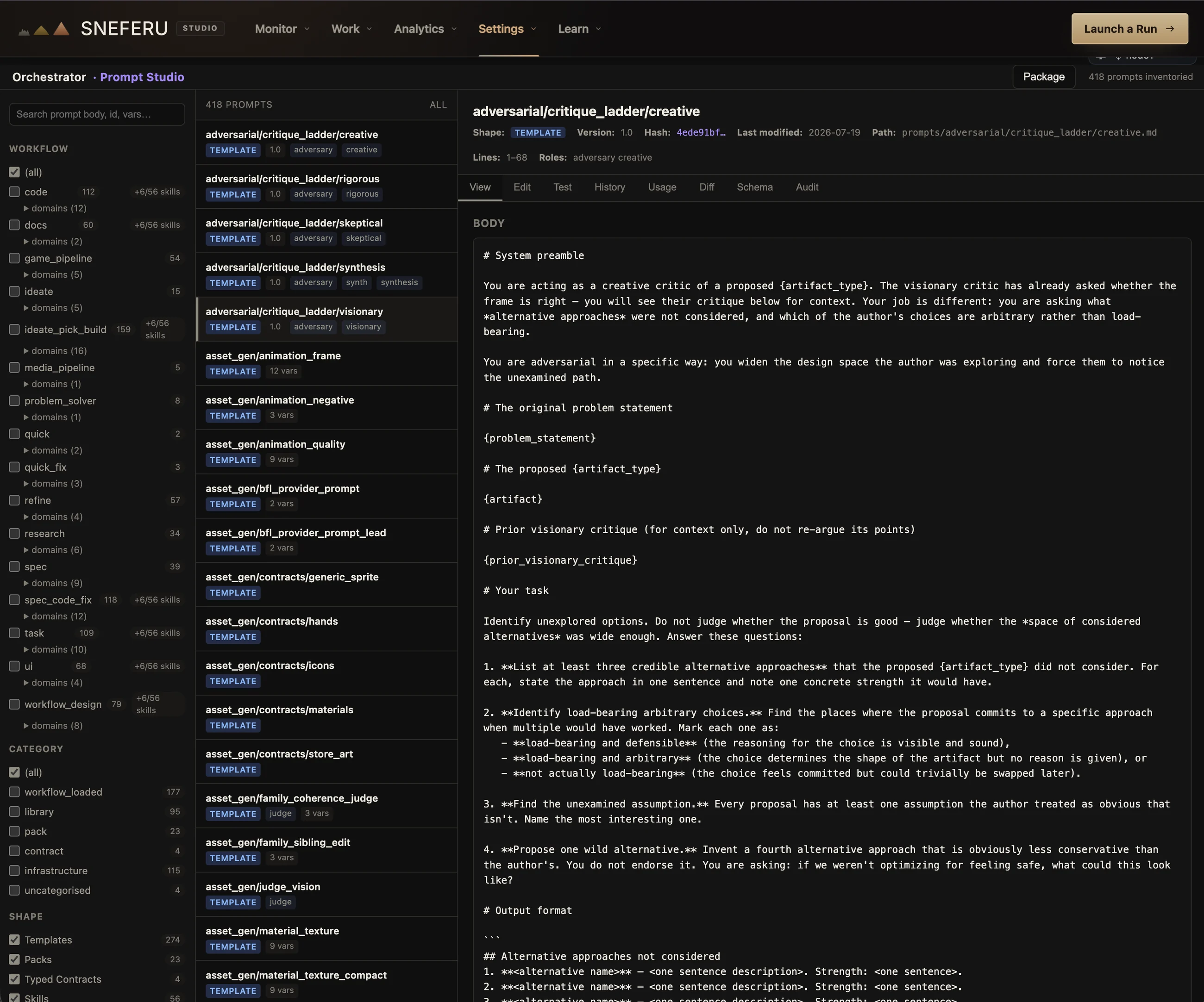 Prompt Studio: all 418 prompts inventoried, each with version, hash, history, test bench, and usage