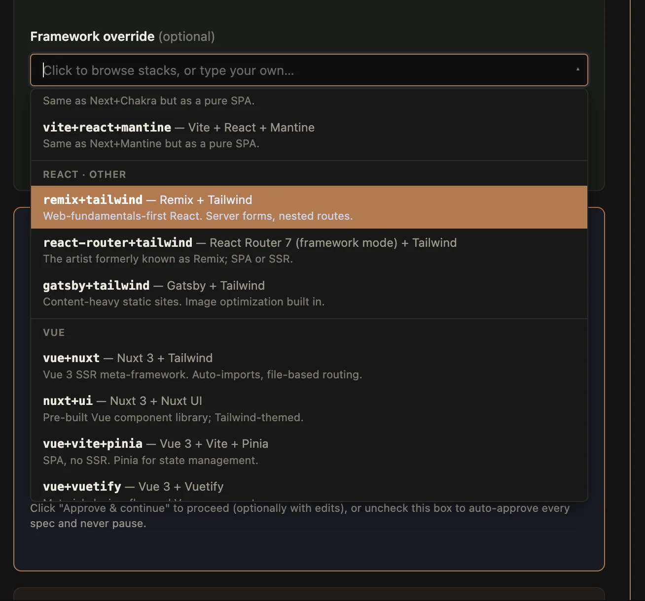 UI setup showing the optional framework override and a searchable catalog of web application stacks