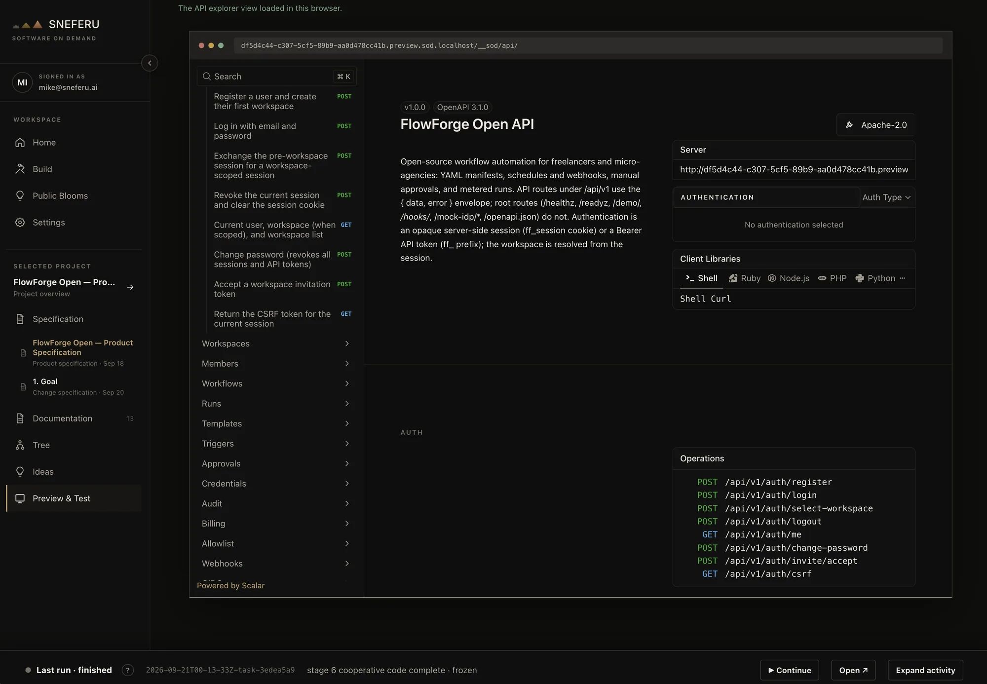 FlowForge Open API displayed inside the Software On Demand preview